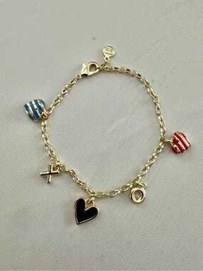 Gorjana Gold Charm Bracelet with petite Black Heart, Red & Blue Striped Charms